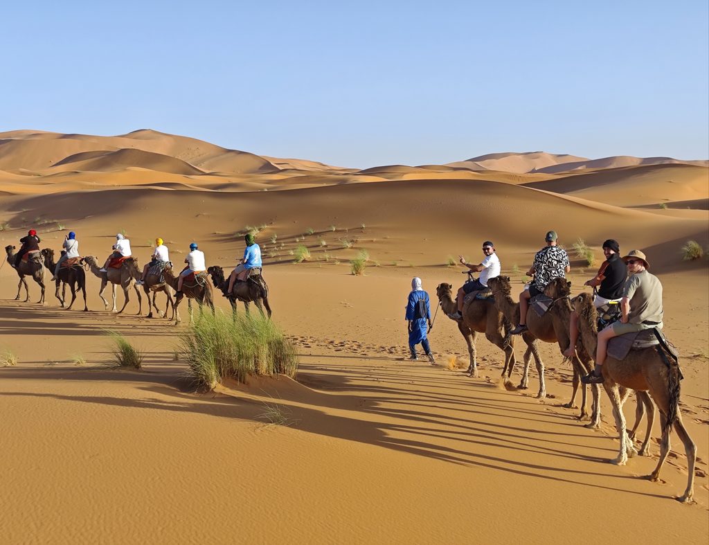 Balade à dos de chameau à travers les dunes de Merzouga dans le désert du Sahara, Maroc