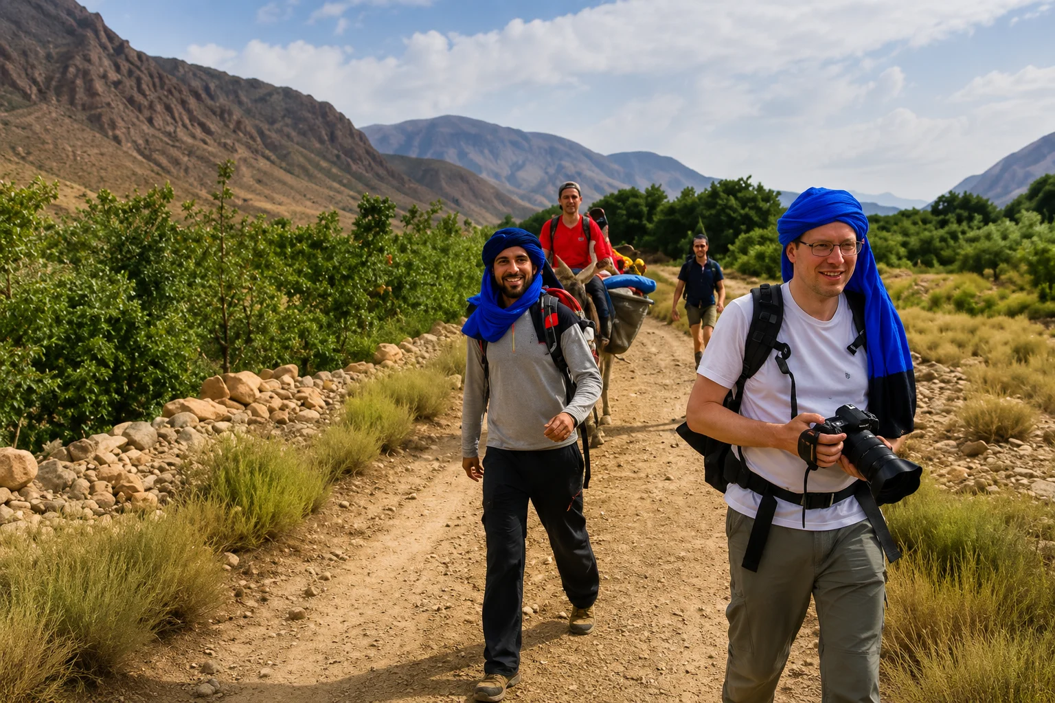 Hikers trekking through a mountain valley in Morocco with a pack mule