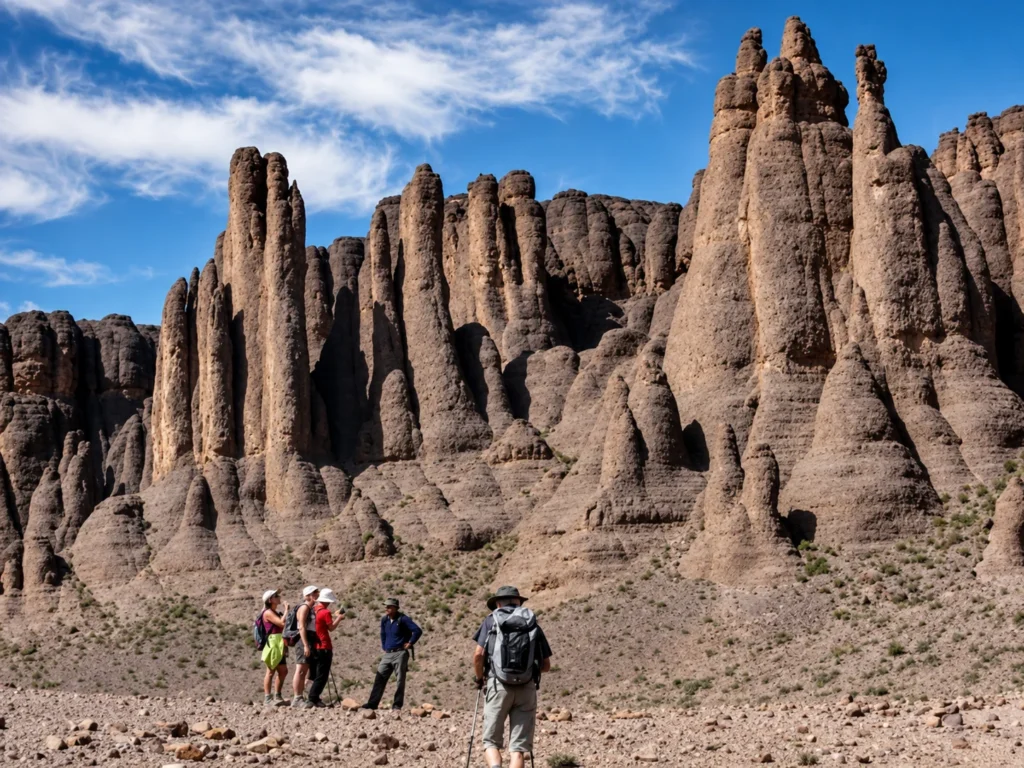 Senderistas explorando impresionantes formaciones rocosas durante una ruta de trekking por Jebel Saghro