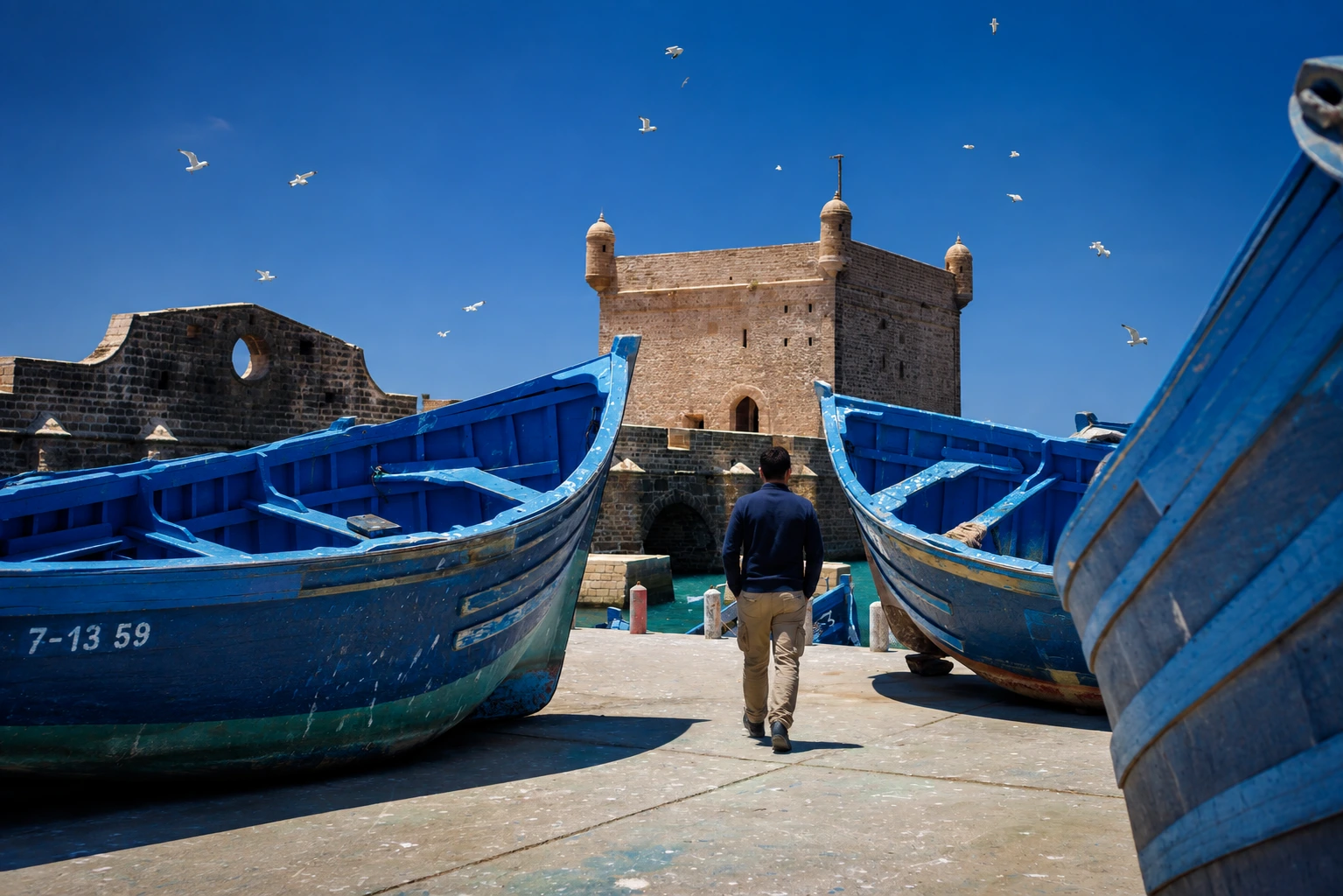 Traveler walking on Essaouira beach in Morocco